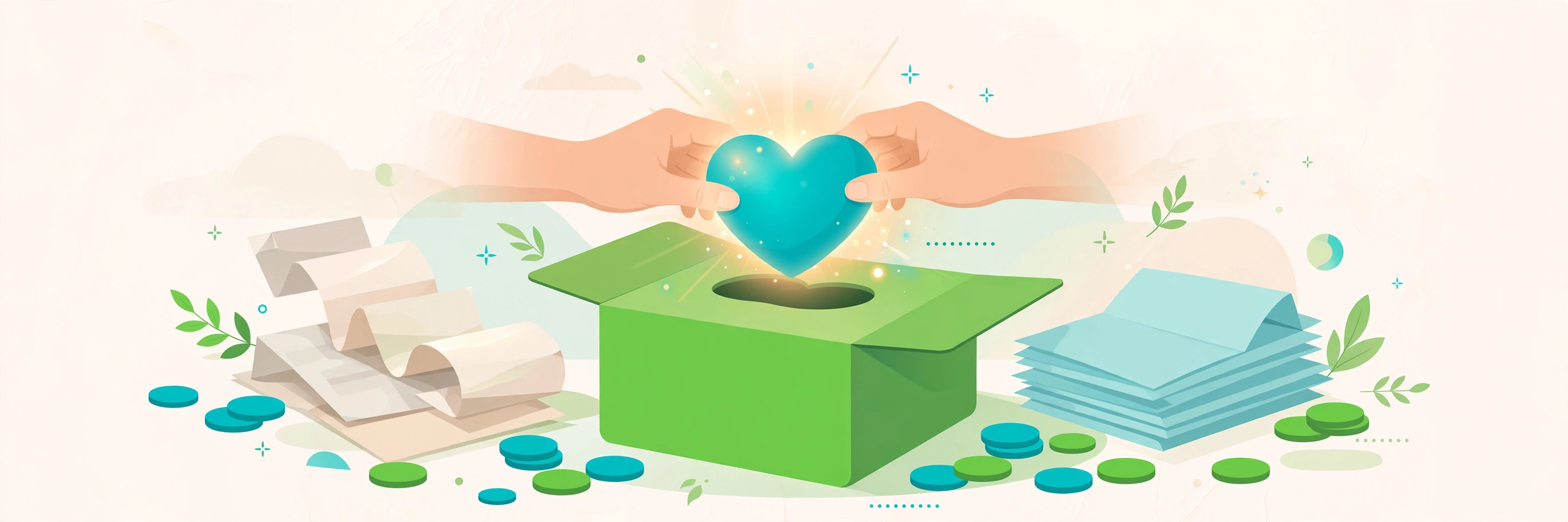 Manos depositando un corazón en una caja de donaciones