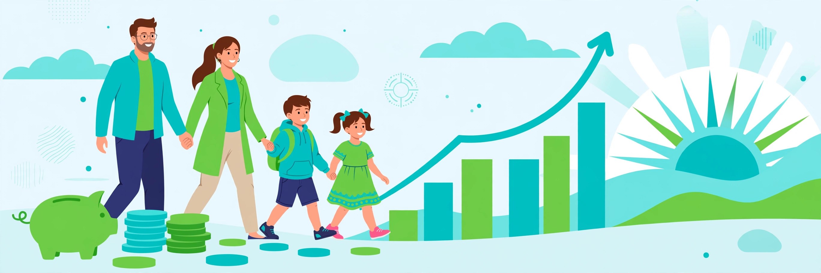 Familia de cuatro caminando hacia un horizonte con gráfica de crecimiento, alcancía y monedas