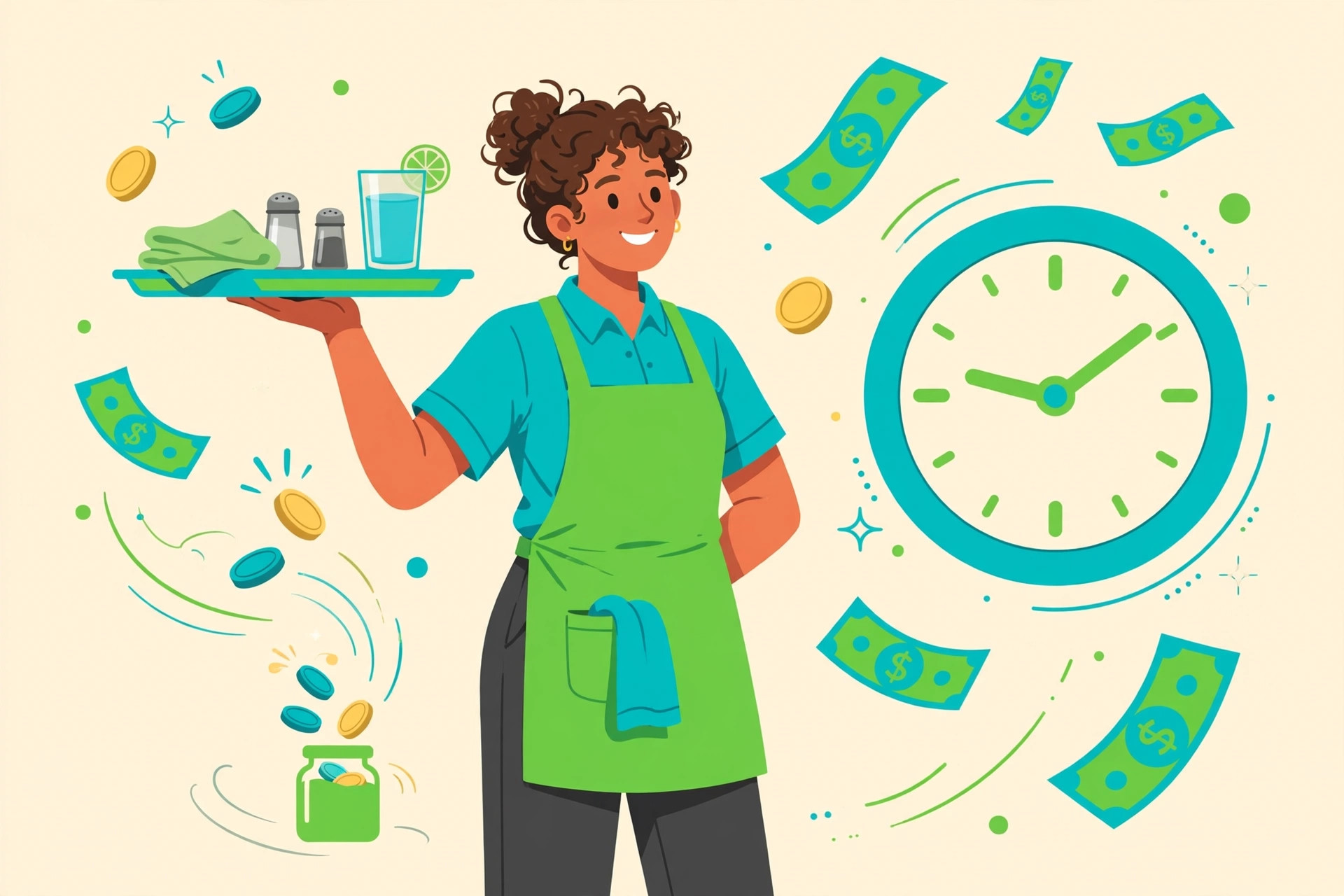 Mesera con bandeja entre billetes y monedas flotantes, ilustración en verde y turquesa