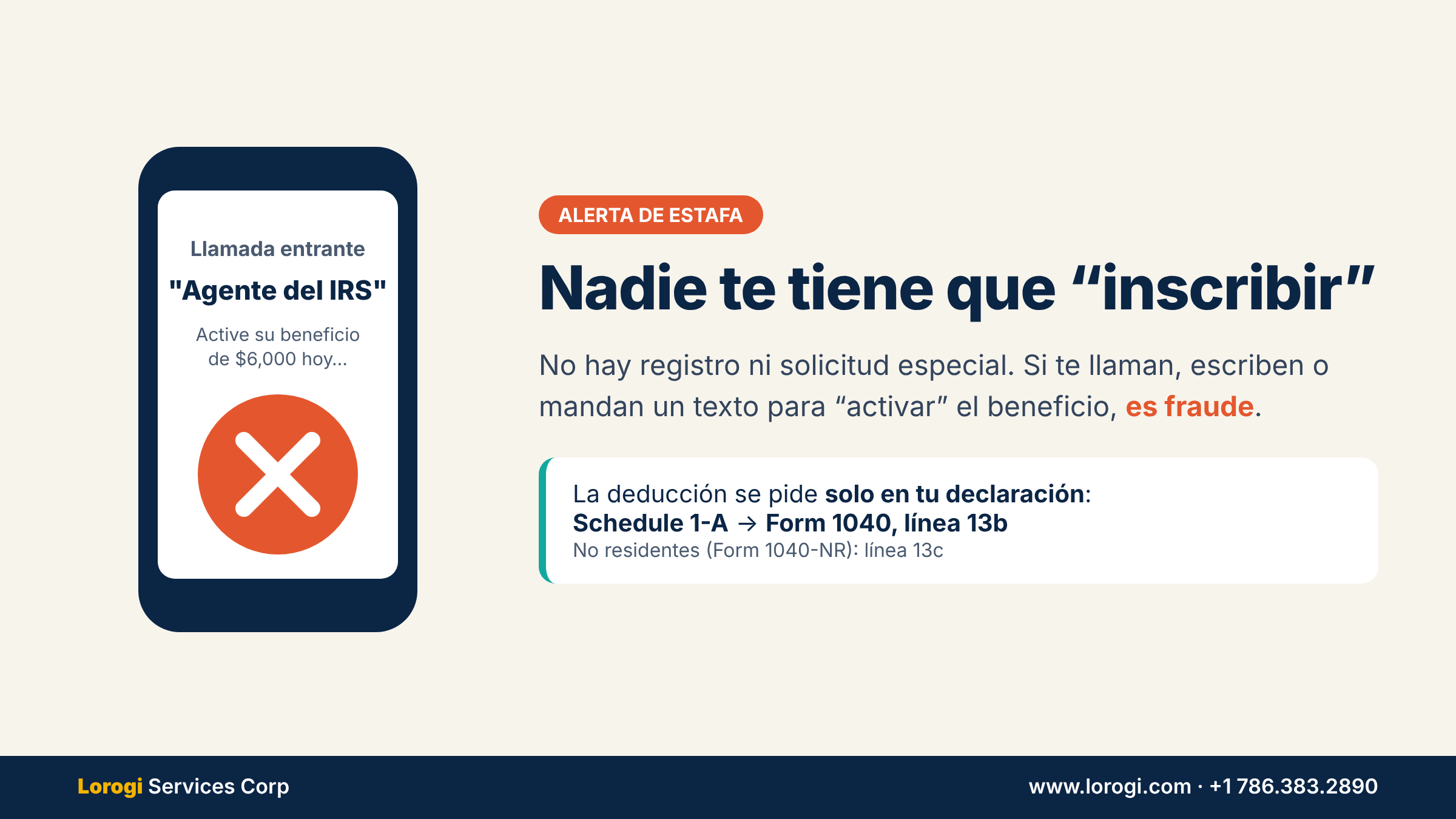 Alerta de estafa: nadie te tiene que inscribir; la deducción se pide solo en tu declaración, en el Schedule 1-A que pasa al Form 1040 línea 13b, o línea 13c del Form 1040-NR
